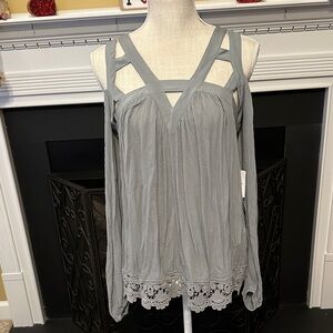 Sage Cold Shoulder Top with Lace Hem